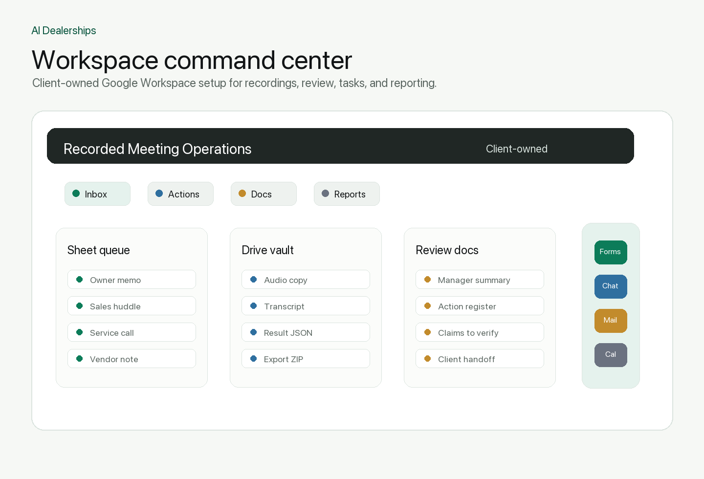 Google Workspace command center for recordings, docs, actions, and reports